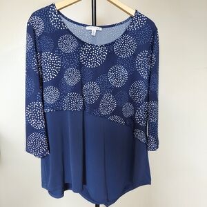 Notations Navy and White Dot-Print Mixed-Media Long Sleeve Top 2X Angle Hem